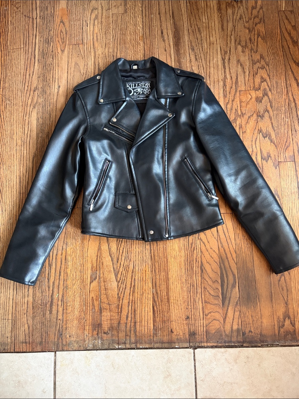 Killstar Black Faux Leather Moto Jacket with Asymmetrical Zip